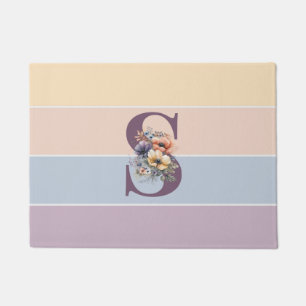 Pastel minimalist stripes with watercolors flowers doormat