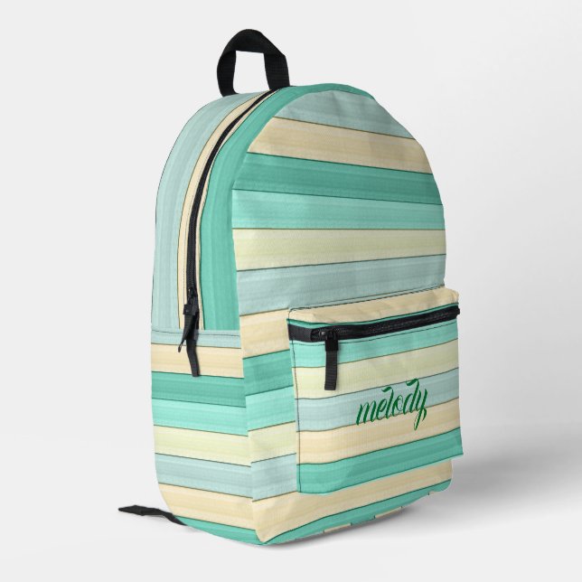 Pastel Mint and Peach Striped Trendy School Printed Backpack (Back Corner Left)