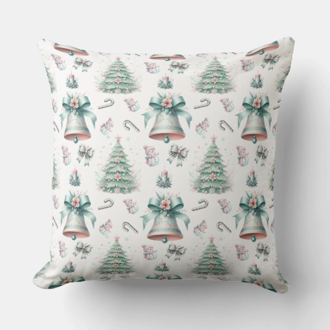 Pastel Mint and Pink Christmas Seamless Pattern Cushion (Front)
