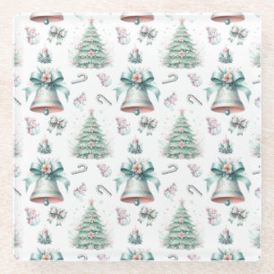 Pastel Mint and Pink Christmas Seamless Pattern Glass Coaster