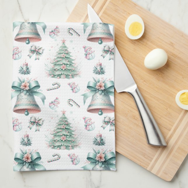 Pastel Mint and Pink Christmas Seamless Pattern Tea Towel (Quarter Fold)