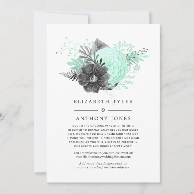 Pastel Mint & Charcoal Reduced Wedding Guest List Announcement (Front)