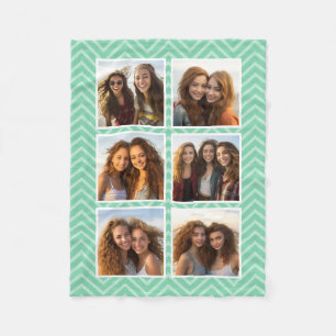 Pastel Mint Chevron Pattern Trendy 6 Photo Collage Fleece Blanket