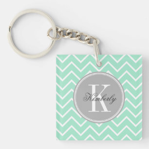Pastel Mint Chevron with Grey Monogram Key Ring