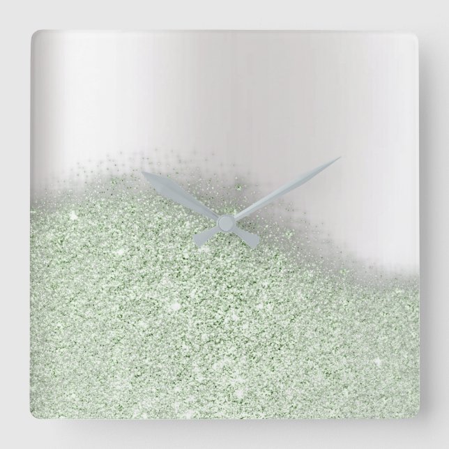 Pastel Mint Glitter Silver Grey Minimal Metallic Square Wall Clock (Front)