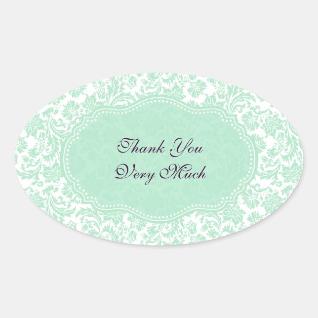 Pastel Mint-Green And White Damasks Oval Sticker (Front)