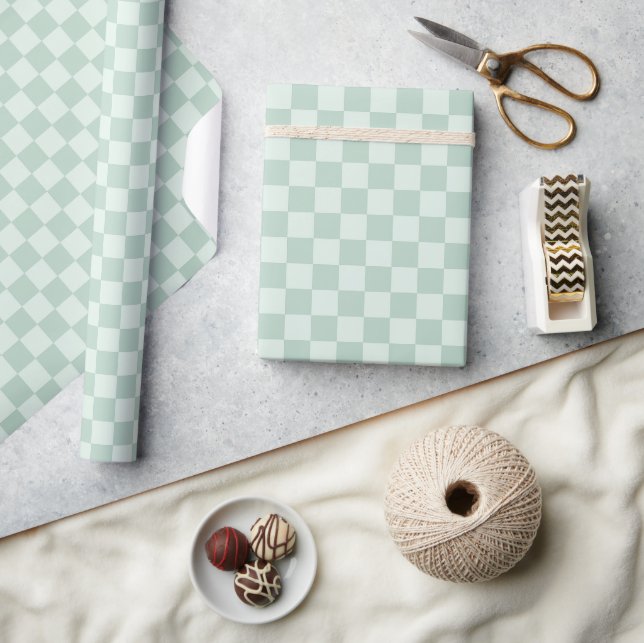 Pastel Mint Green Chequerboard Retro Chequered Wrapping Paper (Crafts)