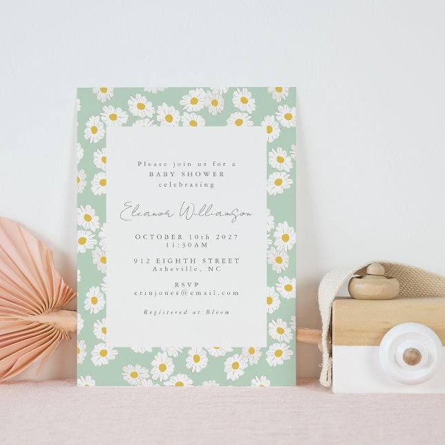 Pastel Mint  Green Daisy Flower Cute Baby Shower Invitation (Creator Uploaded)