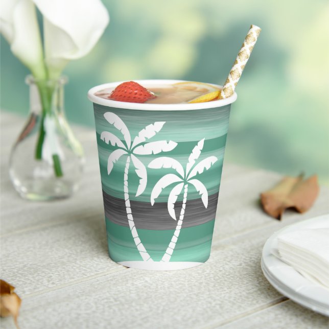 Pastel Mint Green Grey Watercolor Stripes Pattern Paper Cups (Insitu)