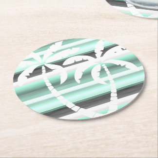 Pastel Mint Green Grey Watercolor Stripes Pattern Round Paper Coaster
