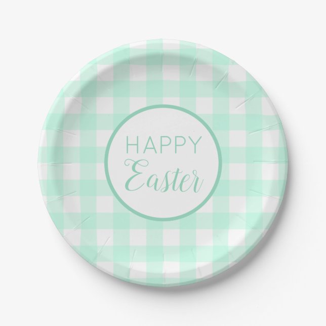 Pastel Mint Green Happy Easter Plaid Pattern Paper Plate (Front)