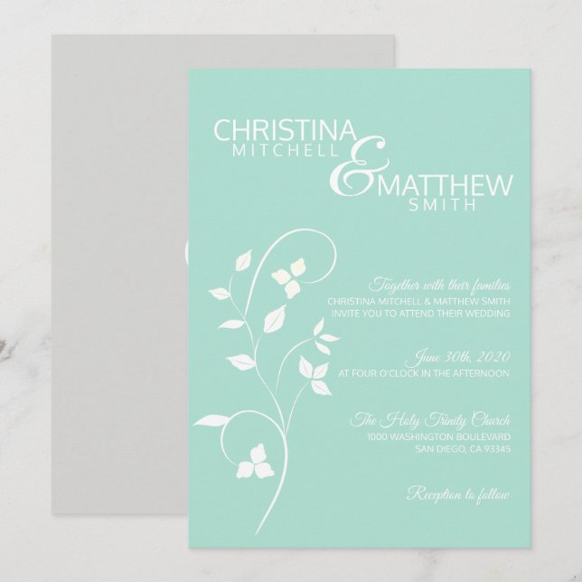 Pastel Mint Green & Light Grey Vine Wedding Invitation (Front/Back)