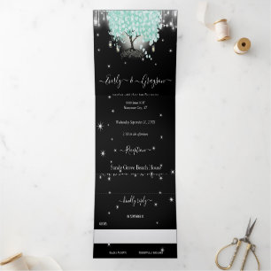 Pastel Mint Green on Black Heart Leaf Wedding Tri-Fold Invitation