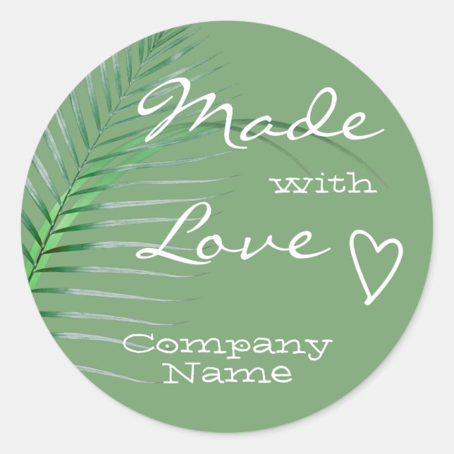 Pastel Mint Green Palm Tree Leaf Made with Love Classic Round Sticker (Front)