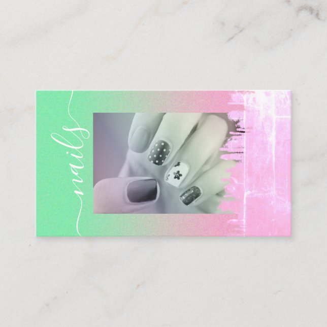 Pastel Mint Green Pink Blush Nails Photo Template Business Card (Front)