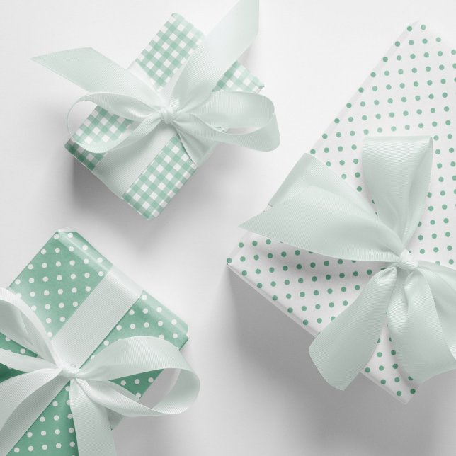 Pastel Mint Green Polka Dots Gingham Pattern Mix Wrapping Paper Sheet (Elegant, mint green polka dots and gingham checks pattern mix and match wrapping paper sheets.)