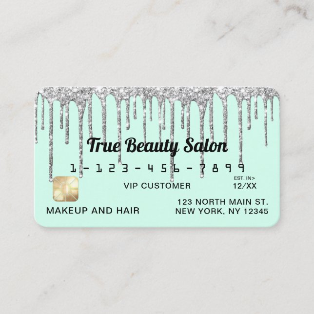 Pastel Mint Green Silver Glitter Drips Credit Business Card (Front)