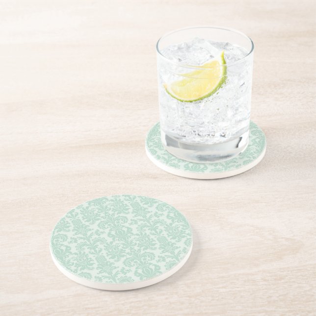 Pastel Mint Green Vintage Floral Damasks Coaster (Side)