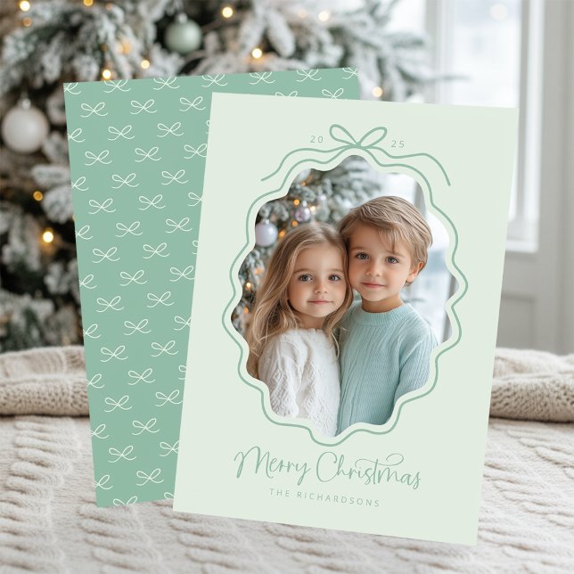 Pastel Mint Green Wavy Retro Photo Holiday Card (Creator Uploaded)