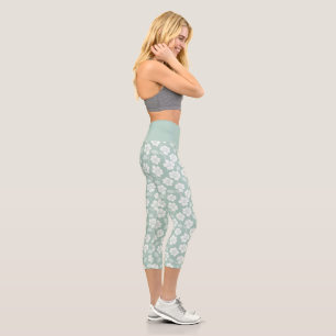 Pastel Mint Green White Florals Yoga Exercise Capri Leggings
