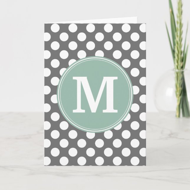 Pastel Mint & Grey Polka Dots with Custom Monogram Note Card (Front)