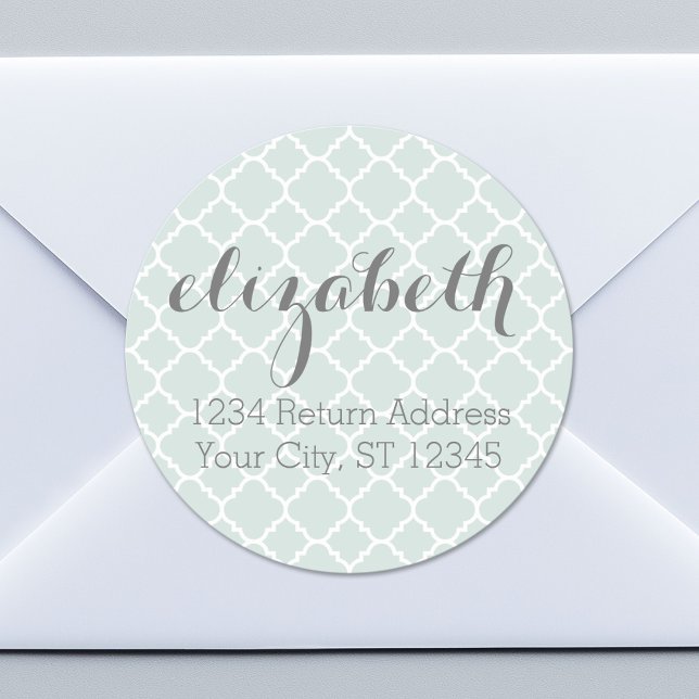 Pastel Mint & Grey Quatrefoil Pattern Custom Name Classic Round Sticker (Custom Return Address Sticker)