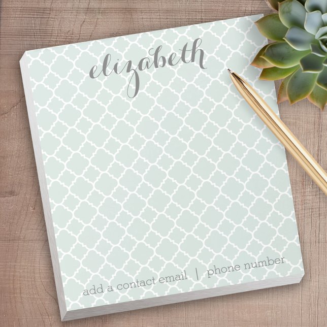 Pastel Mint & Grey Quatrefoil Pattern Custom Name Notepad (Personalized Notepad)