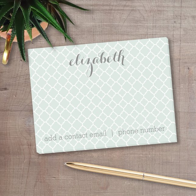 Pastel Mint & Grey Quatrefoil Pattern Custom Name Post-it Notes (Personalized post it notes with low quantity. Add your personal touch.)