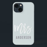 Pastel Mint New Mrs Last Name Bride iPhone 13 Case<br><div class="desc">After the wedding,  show off your new last name with this sleek and stylish case -- perfect for the honeymoon! Personalised bride design features "Mrs. [lastname]" in modern white and grey typography on a subtle pastel mint green background. Use the field provided to personalise with your new last name.</div>