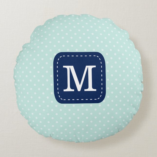 Pastel Mint Pattern Navy Blue Custom Monogram Round Cushion (Front)