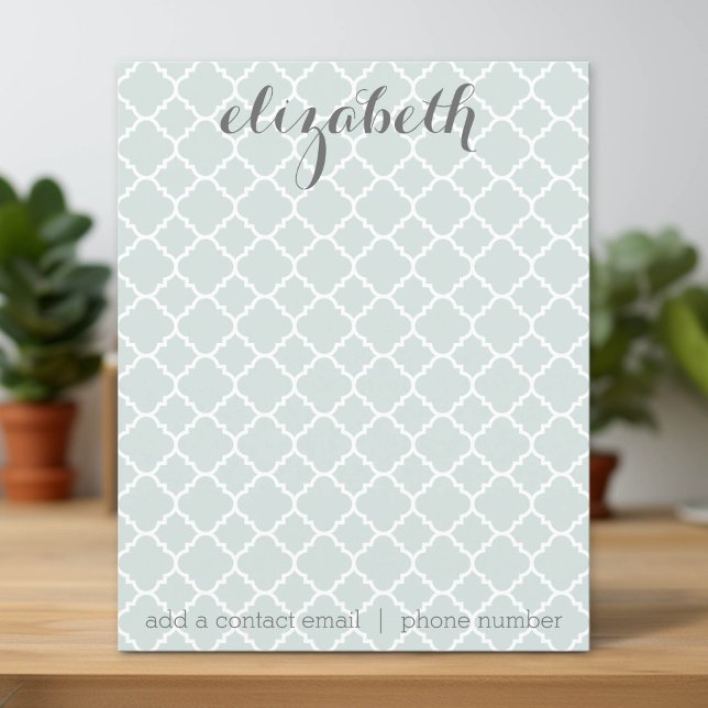 Pastel Mint Quatrefoil Pattern Custom Name Note (Personalized Note Card)