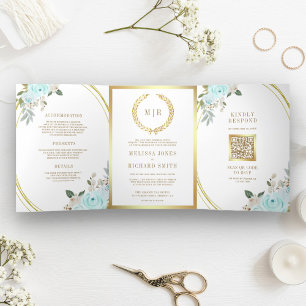 Pastel Mint Roses All in One QR Code Wedding  Tri-Fold Invitation