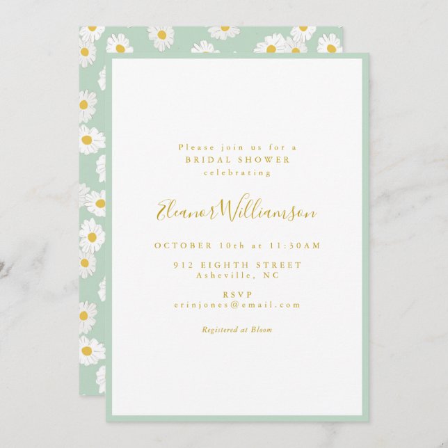 Pastel Mint Sage Retro Daisy Floral Bridal Shower Invitation (Front/Back)