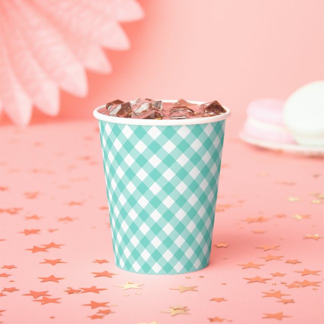 Pastel Mint Turquoise Gingham Paper Cups (Insitu)
