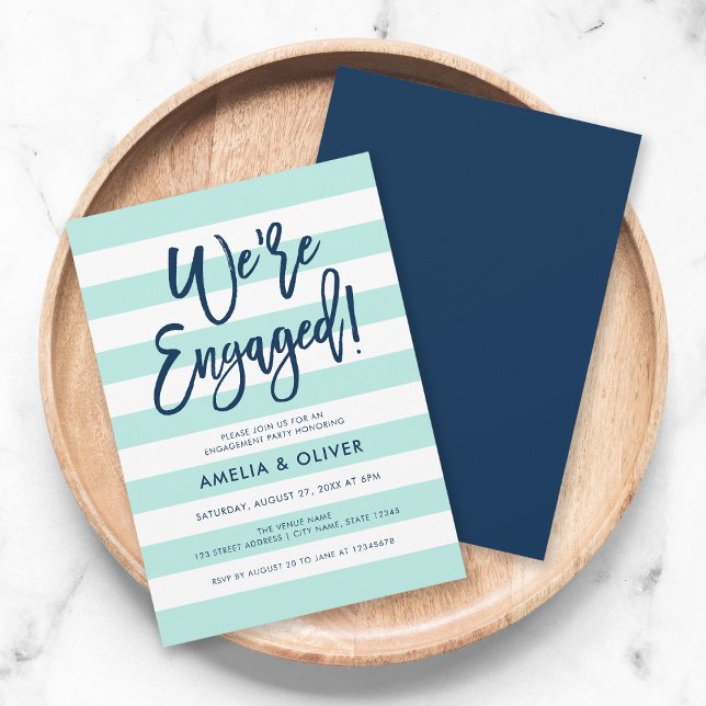 Pastel Mint & White Stripes Blue Engagement Party Invitation (Creator Uploaded)