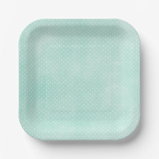 Pastel Minty Blue Turquoise Tiny Polka Dots Paper Plate (Front)