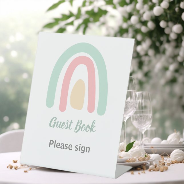 Pastel Minty Rainbow Baby Shower Guest Book  Pedestal Sign (Creator Uploaded)