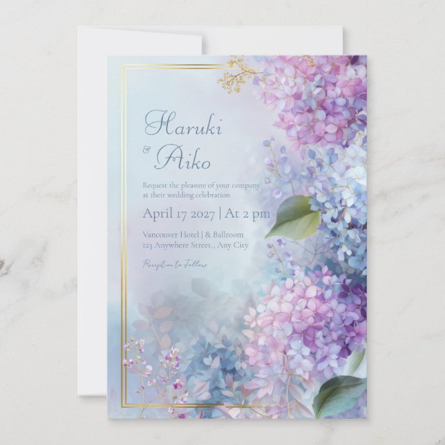 Pastel Misty Hydrangea Gilded Gold Frame Wedding Invitation (Front)