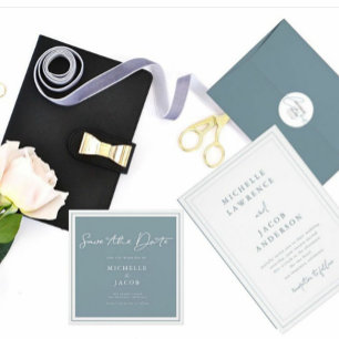 Pastel Modern Minimalist Slate Blue Wedding Invitation
