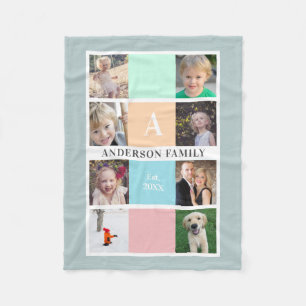 Pastel Monogram   Eight Photo Collage Family Name Fleece Blanket