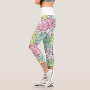 Pastel monstera leaf tropical watercolor capri leggings