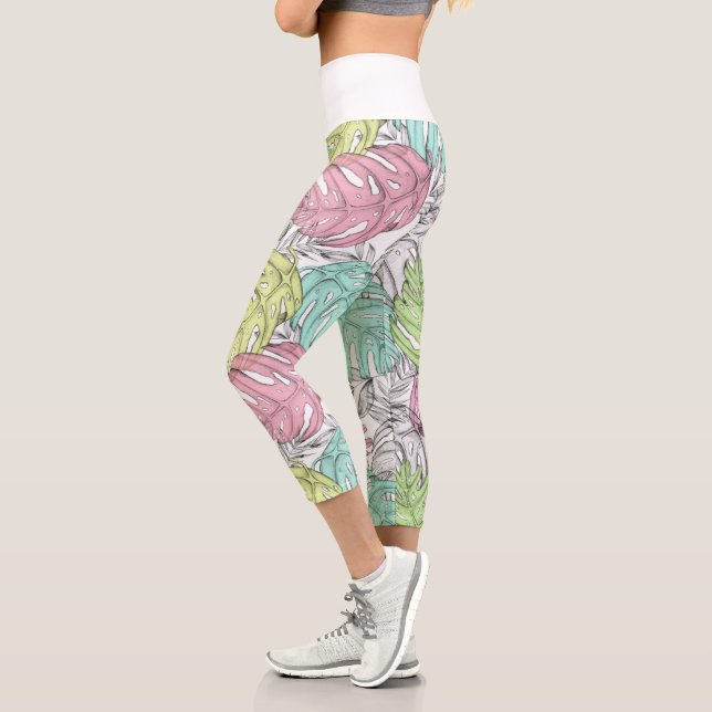 Pastel monstera leaf tropical watercolor  capri leggings (Left)