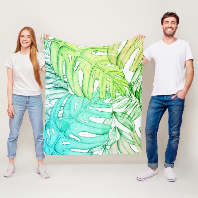 Pastel monstera palm leaf tropical watercolor  fleece blanket (In Situ)