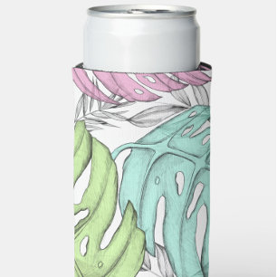 Pastel monstera palm leaf tropical watercolor seltzer can cooler