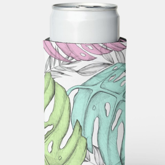 Pastel monstera palm leaf tropical watercolor  seltzer can cooler (Creator Uploaded)