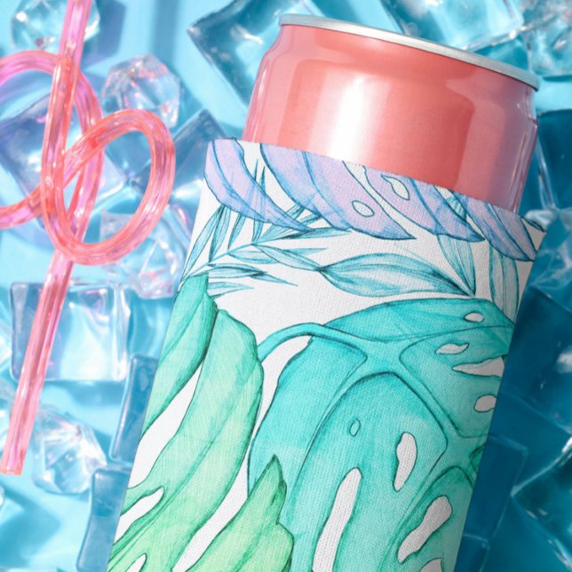 Pastel monstera palm leaf tropical watercolor  seltzer can cooler (Creator Uploaded)