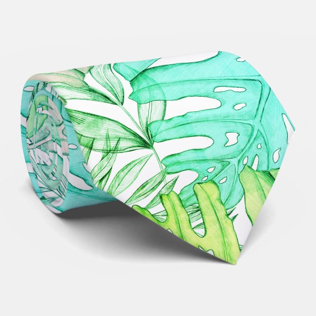 Pastel monstera palm leaf tropical watercolor  tie (Rolled)