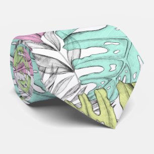Pastel monstera palm leaf tropical watercolor tie