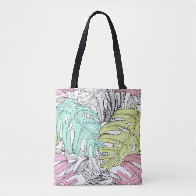 Pastel monstera palm leaf tropical watercolor  tote bag (Front)