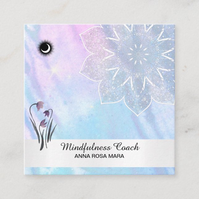 *~* Pastel Moon QR code Mandala Foil Floral  Squar Square Business Card (Front)